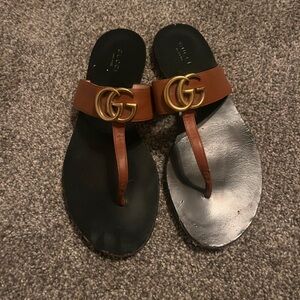 Gucci Brown and Black Sandals with Gold Logo